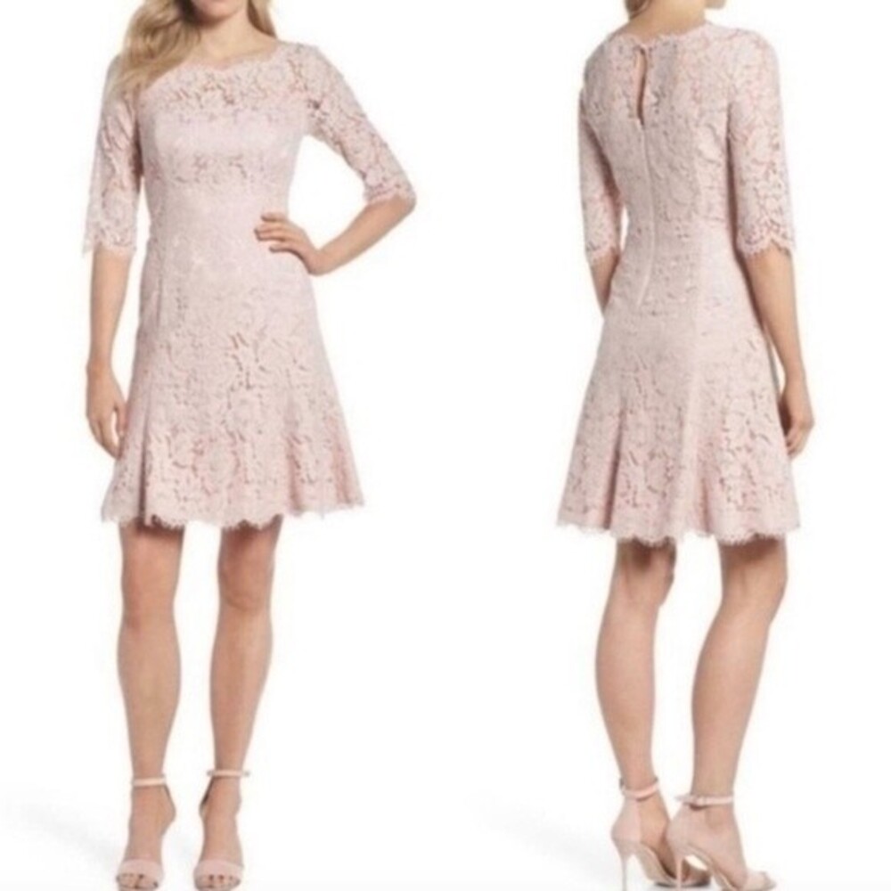 Eliza J Blush Pink Lace Fit & Flare 1/2 Sleeve Dress, Size 6P Petite NWOT